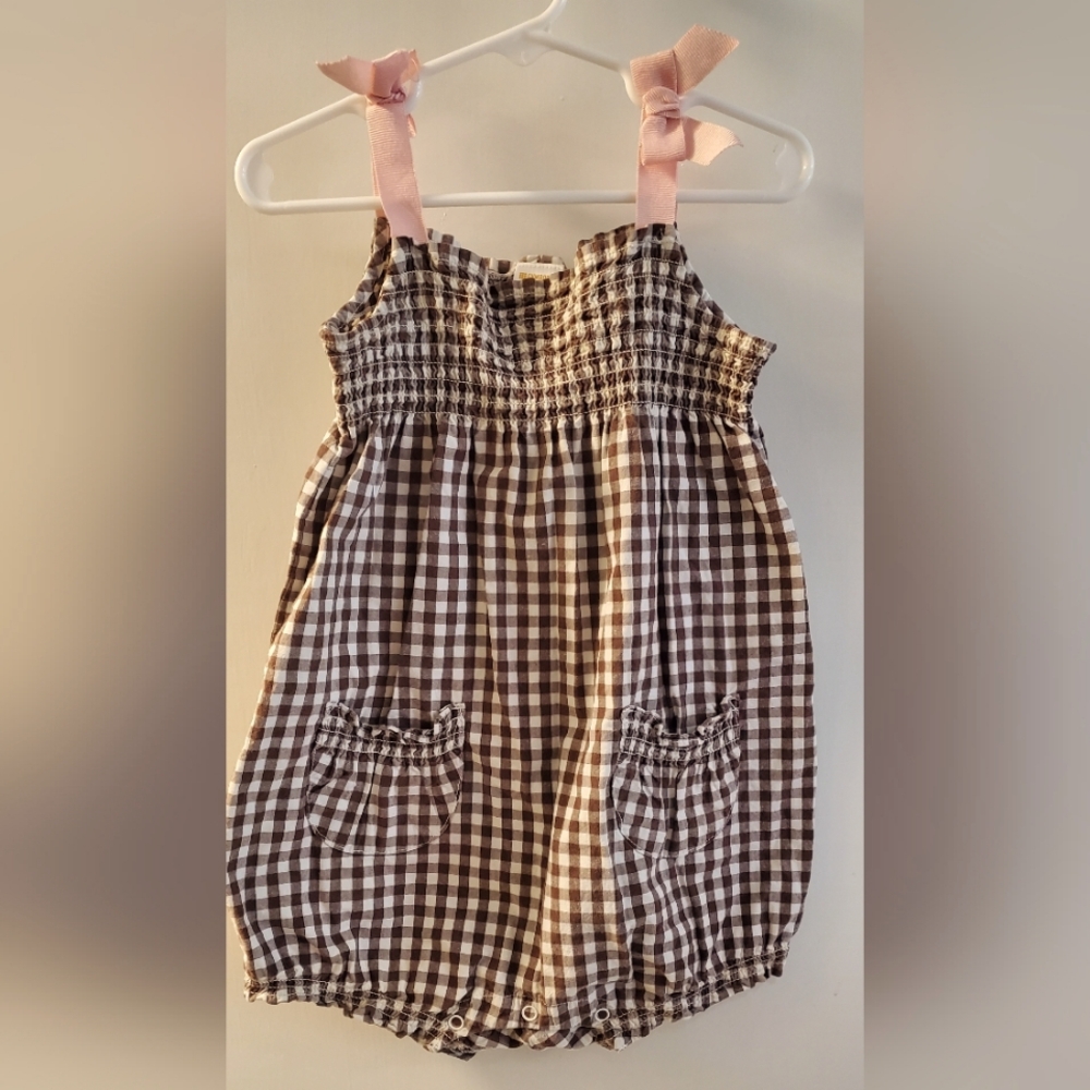Toddler GYMBOREE Brown Gingham  Romper with Pink Straps